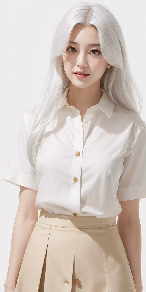 ((masterpiece, best quality)), (1girl), (solo), (female focus), (ahoge, white hair, very long hair), golden eyes, clear smile, open mouth, ((white shirt), (buttoned shirt), (gap button)), ((black skirt), (short skirt)), standing, white background, arms behind back, dynamic angle