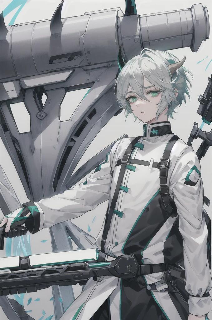 detailed、Droopy eyes、Beautiful eyelashes、Green Eyes、short hair、Gray Hair、Pure white hair color、8K.gun、boy、cyber-clothes、Brave face、Vibrant colors、Strong color scheme、Background Black、Flying hair、No cut-off、Vivid Color、Goat horns、whole body、