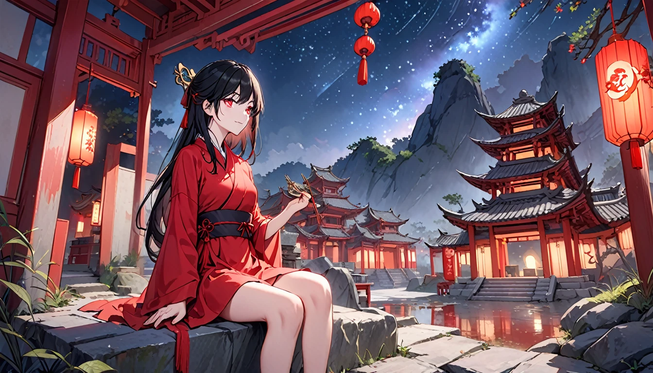 night，Beautiful young woman with long black hair，Red pupils，blood stained hair，Wearing a red wedding dress，Sitting alone in the Taoist temple，barefoot，Holding a golden hairpin in hand，dilapidated Taoist temple，There are bright lights in the distance，Dark night，A sky full of stars