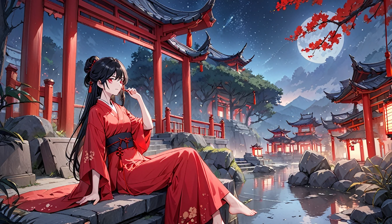 night，Beautiful young woman with long black hair，Red pupils，blood stained hair，Wearing a red wedding dress，Sitting alone in the Taoist temple，barefoot，Holding a golden hairpin in hand，dilapidated Taoist temple，There are bright lights in the distance，Dark night，A sky full of stars