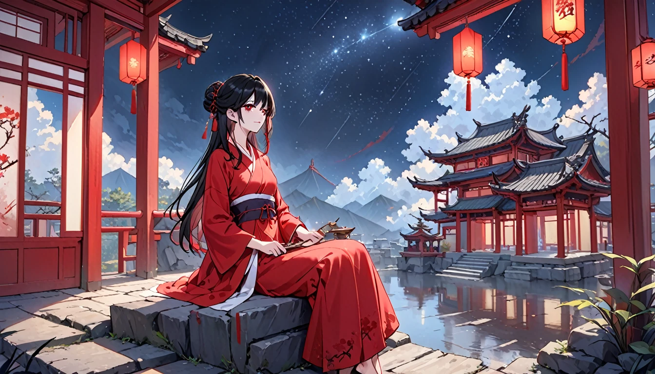 night,Beautiful young woman with long black hair,Red pupils,blood stained hair,Wearing a red wedding dress,Sitting alone in the Taoist temple,barefoot,Holding a golden hairpin in hand,dilapidated Taoist temple,There are bright lights in the distance,Dark night,A sky full of stars