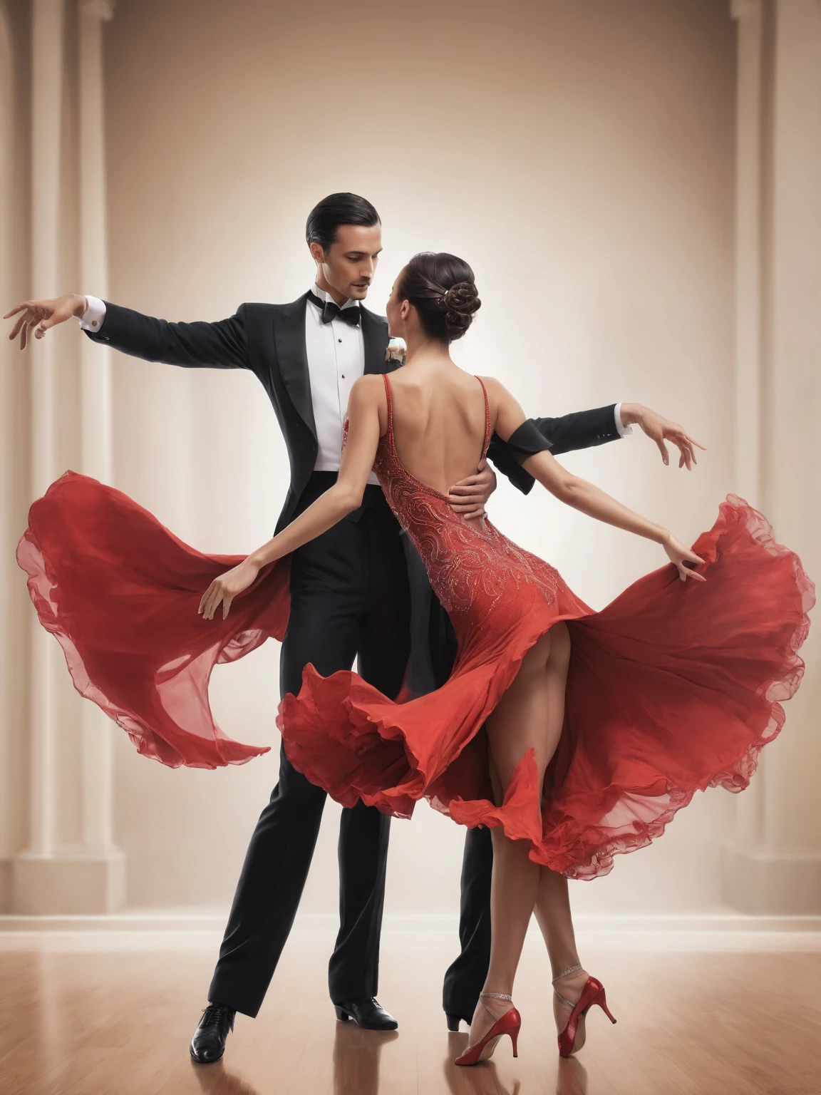 color photograph of a beautiful artwork illustration, (portrait composition:1.5), couple of ballroom dancers dancing together, Beautiful woman in red dress, Latina,highly detailed face,Perfect Makeup, long legs, low back cut, BREAK goodlooking man, high, black tuxedo, BREAK  ((Best quality)), ((masterpiece)), (detailed),  