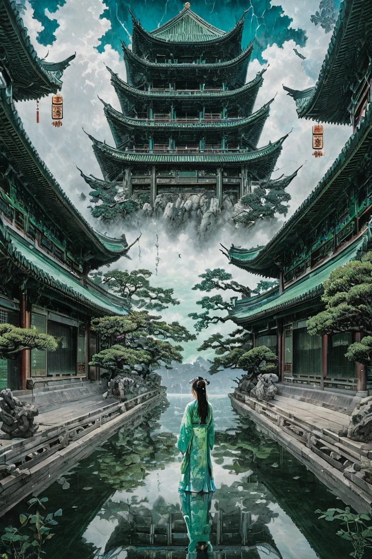 symmetry艺术, symmetry, Water Drop,lightning, cloud,( (Green and cyan:1.3) (Looking at the audience:1.4), masterpiece, Ultra-high resolution,Intricate details at wide angles, with an Green and cyan theme, this painting depicts a girl wearing an Green and cyan Hanfu, Surrounded by water. Behind the girl is an ancient Chinese building, There is a blue dragon in the sky. Water Drop,lightning, cloud,(high quality, Ultra-high lighting, Very detailed, Be focused, 8k ultra high definition, artistic masterpiece), Chinese Ink Painting,liujiyou, Wild grass