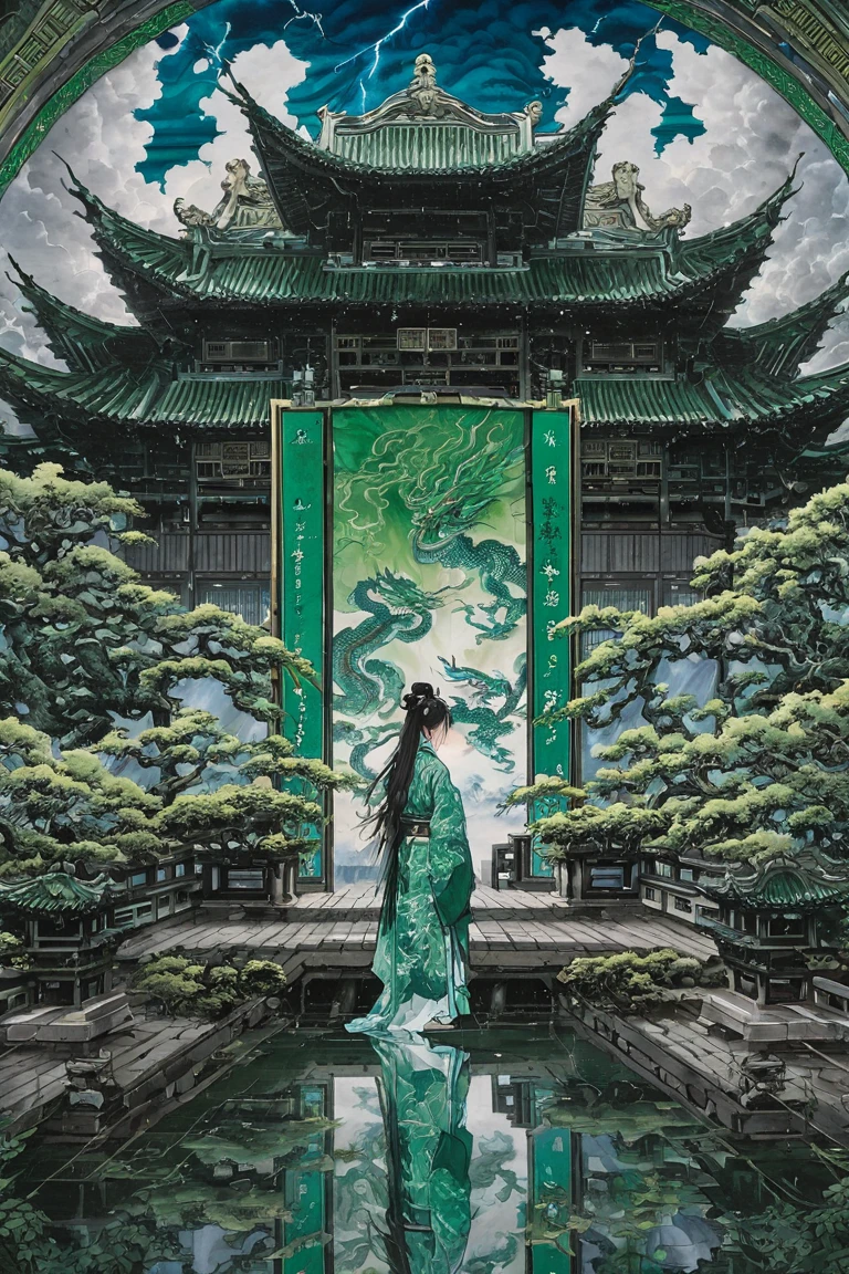 symmetry艺术,  symmetry, Water Drop,lightning, cloud,( (Green and cyan:1.3) (Looking at the audience:1.4),  masterpiece, Ultra-high resolution,Intricate details at wide angles, with an Green and cyan theme, this painting depicts a girl wearing an Green and cyan Hanfu, Surrounded by water. Behind the girl is an ancient Chinese building, There is a blue dragon in the sky. Water Drop,lightning, cloud,(high quality, Ultra-high lighting, Very detailed, Be focused, 8k ultra high definition, artistic masterpiece), Chinese Ink Painting,liujiyou, Wild grass 