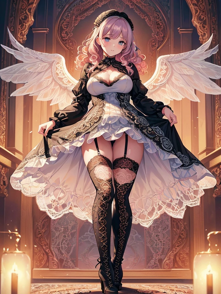 ((Highest quality)),(Ultra-high resolution),(Very detailed),(Detailed Description),((The best CG)),(A masterpiece),Ultra-detailed art,Amazing painting art,(Works with precise details:1.5), (1 female:1.6),(Beautiful and well-proportioned face:1.5),(Curly Hair:1.6),(Intricately detailed lace dress:2.0),Fine jewellery with exquisite detailing:1.5,Waist Accessories:1.5,Look at me and smile:1.5, See-through nipples, Angel Girl, (((Magnificent white angel wings on his back:1.2))), Mature Woman,Descended into the church,(Pastel colored hair:1.3),(Red and black long high heel boots:1.4), (garter belt), (stockings)、 (Floating in the sky with magical powers:1.2),(Floating skirt:1.5), (Embarrassed expression, blush:1.2),(bracelet),(heart choker), (Iridescent eyes)、(full body)、(multiple views)