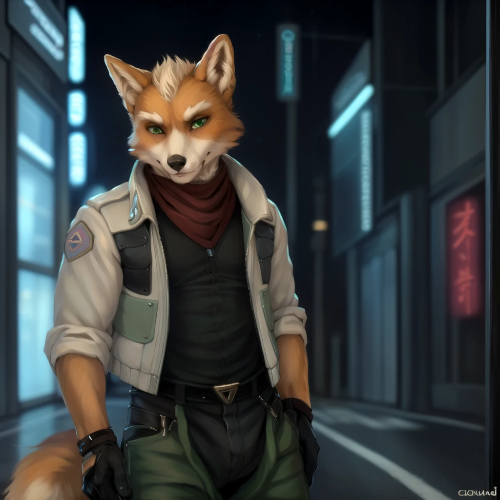 (by oouna, by honovy, by personalami, by clockhands) male, fox, solo, wearing jacket, green eyes, fox mccloud, wearing jacket, pants, scarf, fancy, black shirt, night, city, tokyo, street, akihabara, neon lights