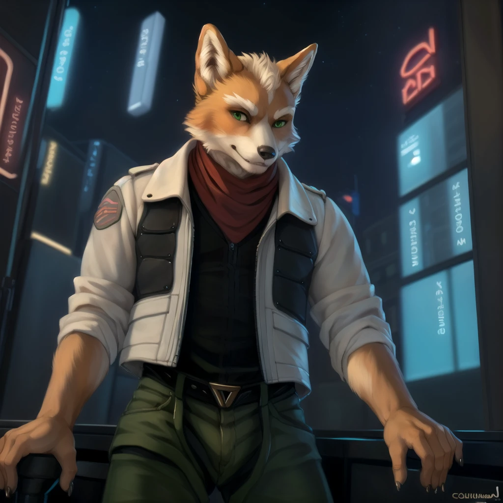 (by oouna, by honovy, by personalami, by clockhands) male, fox, solo, wearing jacket, green eyes, fox mccloud, wearing jacket, pants, scarf, fancy, black shirt, night, city, tokyo, street, akihabara, neon lights