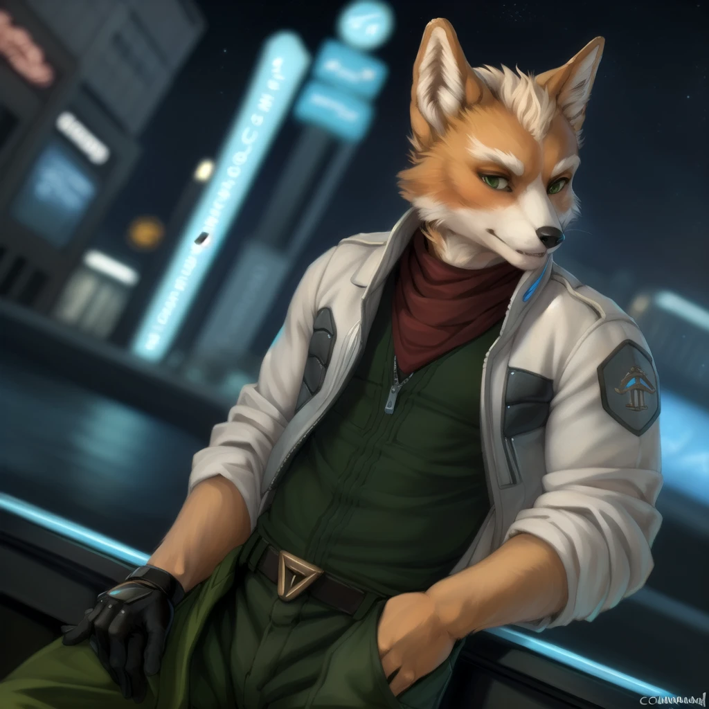 (by oouna, by honovy, by personalami, by clockhands) male, fox, solo, wearing jacket, green eyes, fox mccloud, wearing jacket, pants, scarf, fancy, black shirt, night, city, tokyo, street, akihabara, neon lights