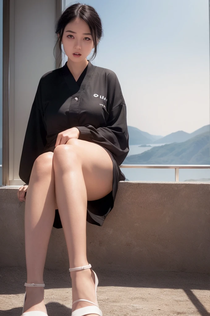 photograph, (Realistic: 1.4), (Surreal: 1.4), (Cinematic: 1.5), 20-year-old women, Japan, Black Hair,Sitting posture,Knee Up,M-shaped legs,Swimwear,Open your mouth a little,Ultra-high resolution,Highest quality