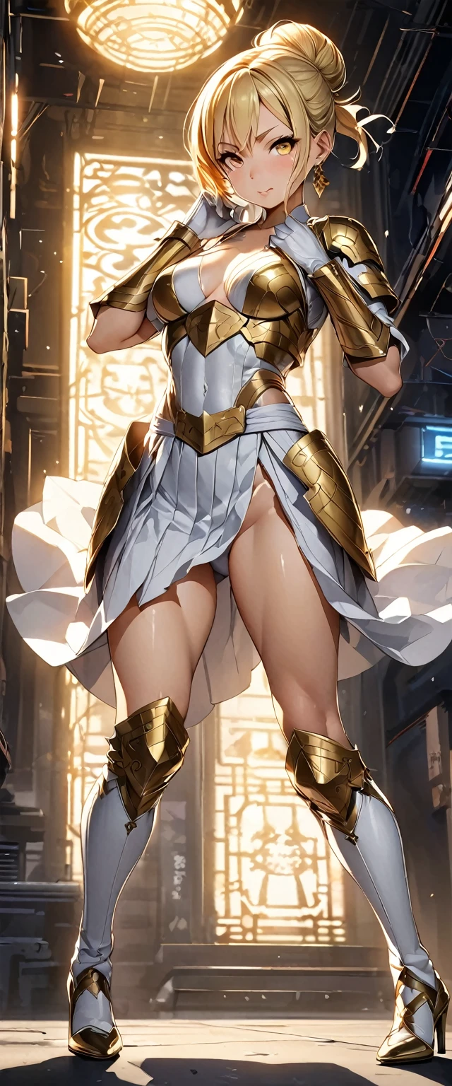 (Perfect Anatomy)、Mastepiece、Ultra High Quality、 8K、masterpiece、Highest quality、Ultra-high resolution、Maximum resolution、Very detailed、Professional Lighting、anime、woman、thin、so beautiful、Highly detailed eye、Highly detailed face、Golden earrings、Blonde, hair bun, Yellow Eyes、Mid-chest,Valkyrie armor, full body, gold pattern, white super long boots, white long gloves, female martial artist, high heels, white clawed gauntlets, white cute headgear, fighting stance, gold knee armor, hands up