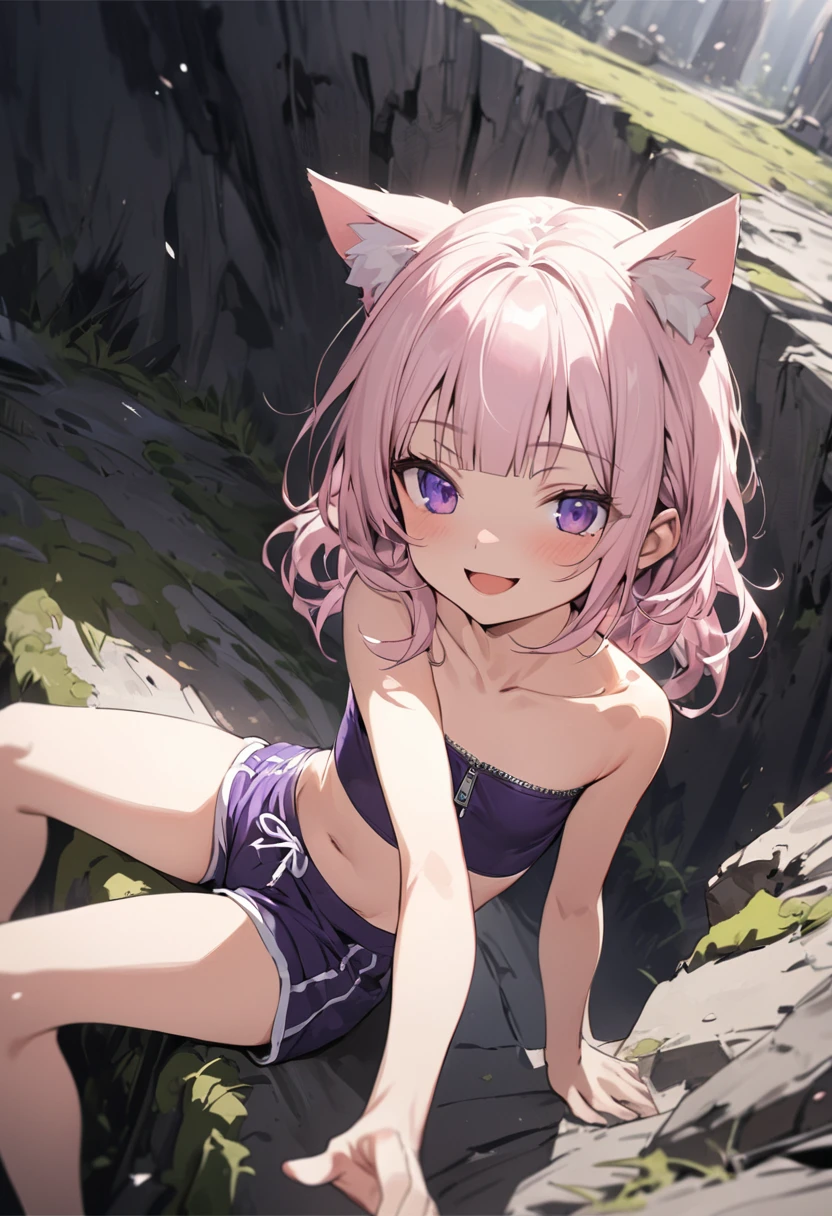 ((Masterpiece)), ((best quality)), (Anime:1.3), (super detail:1.2),(High Definition:1.3), (Professional Photography:1.2), (wide shot), (sharp focus), (perfect light), (()), ((1girl)), (morning), messy medium hair, Beautiful collarbone, (cute tubutop with zipper), strapless, cute navel, cute boxer shorts, (Healthy slim body), (loose blunt bangs), Slender body, glossy skin, (naughty smile), open mouth, ((Beautiful purple eyes)), Textured skin, (Cat ears), (Pale pink hair), Cute Beautiful Girl, (slightly exposed small chest), BREAK, ((best quality)), ((1girl)), Dynamic angles, ((pointing forward with hand)), (sitting in the Mossy abandoned cliff), (sharp focus), perfect hands, (perfect light),