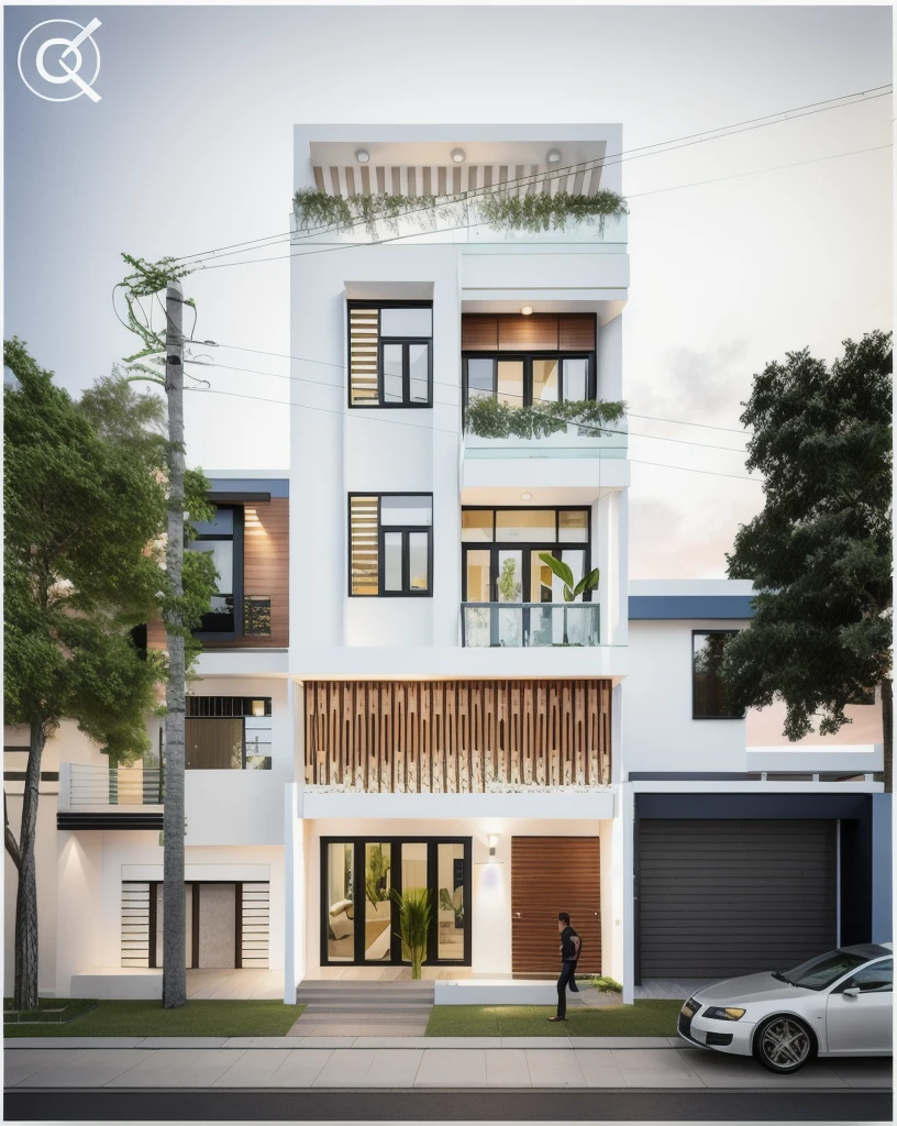 modern townhouse on street, (sunset), tropical tree, vivid colour, streetcapes, white tone, white wall, large glass door, (warm interior lighting:1.2), wood and marble, best quality, 18ArchiAI_VL-v1