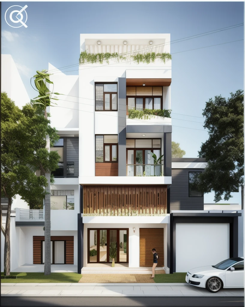 modern townhouse on street, (sunset), tropical tree, vivid colour, streetcapes, white tone, white wall, large glass door, (warm interior lighting:1.2), wood and marble, best quality, 18ArchiAI_VL-v1