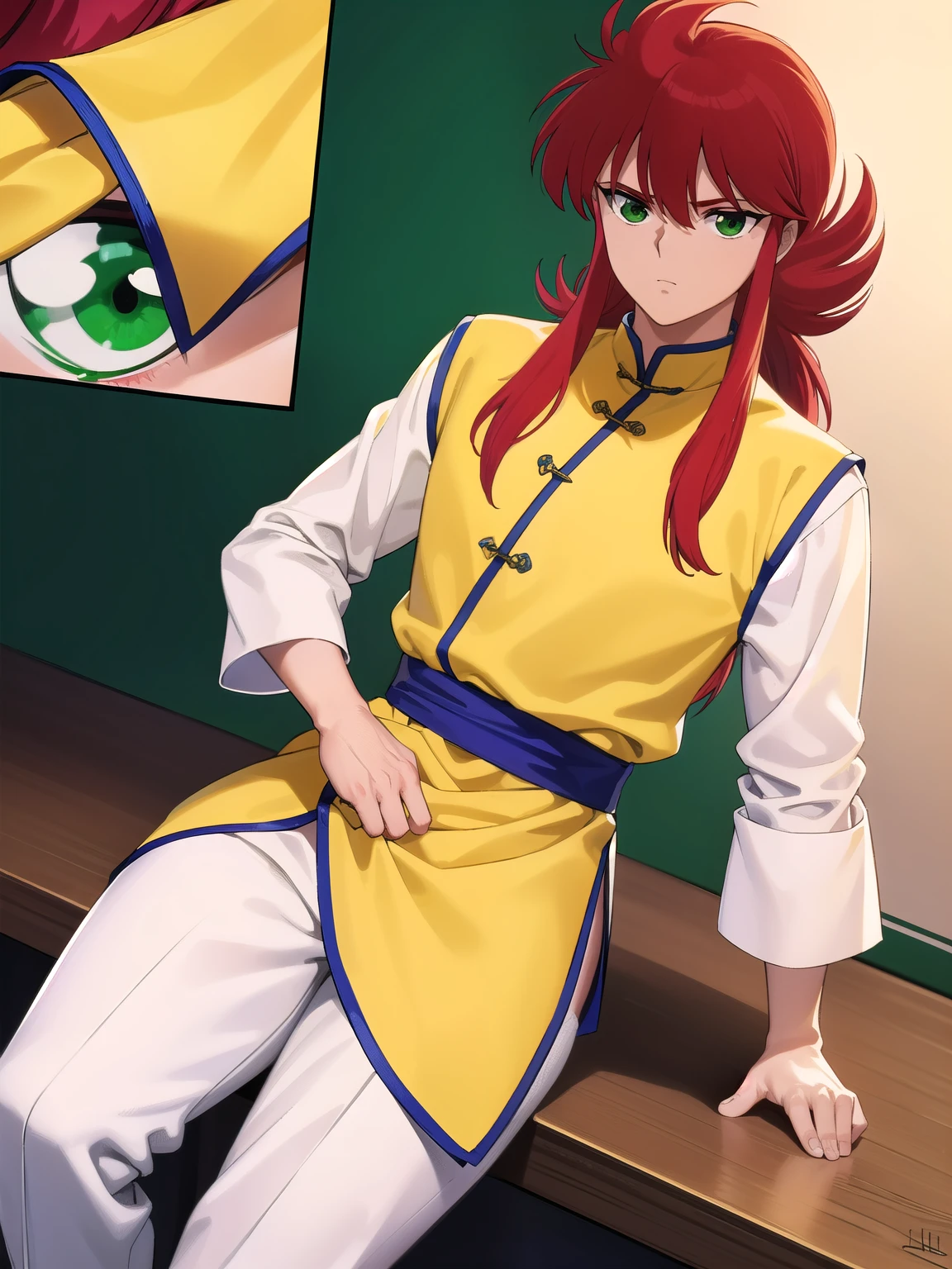 kurama, kurama, long hair, red hair, bangs, (green eyes:1.5), (retro artstyle:1.5), 1990s \(style\),
BREAK long sleeves, pants, chinese clothes, white pants, (yellow shirt:1.5), (white sleeves:1.5), (pelvic curtain:1.2), sash, sleeveless shirt, (((wood background)))
BREAK looking at viewer, cowboy shot,
BREAK (masterpiece:1.2), best quality, high resolution, unity 8k wallpaper, (illustration:0.8), (beautiful detailed eyes:1.6), extremely detailed face, perfect lighting, extremely detailed CG, (perfect hands, perfect anatomy),