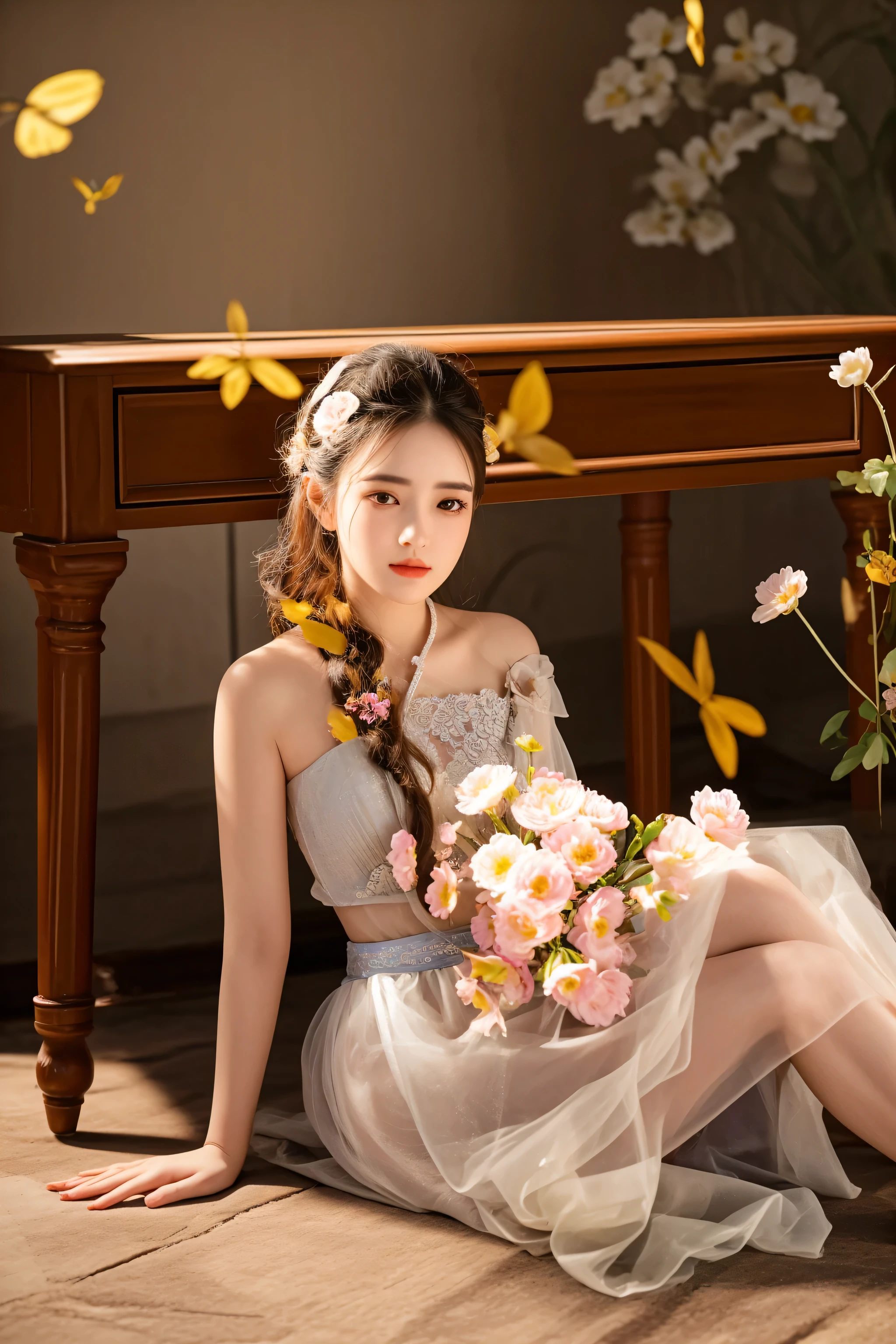 there is a woman sitting on the floor with a bouquet of flowers, with flowers, sha xi, a stunning young ethereal figure, dilraba dilmurat, sitting with flowers, photo taken with nikon d750, photo taken with nikon d 7 5 0, jia, captured on canon eos r 6, palace , a girl in hanfu