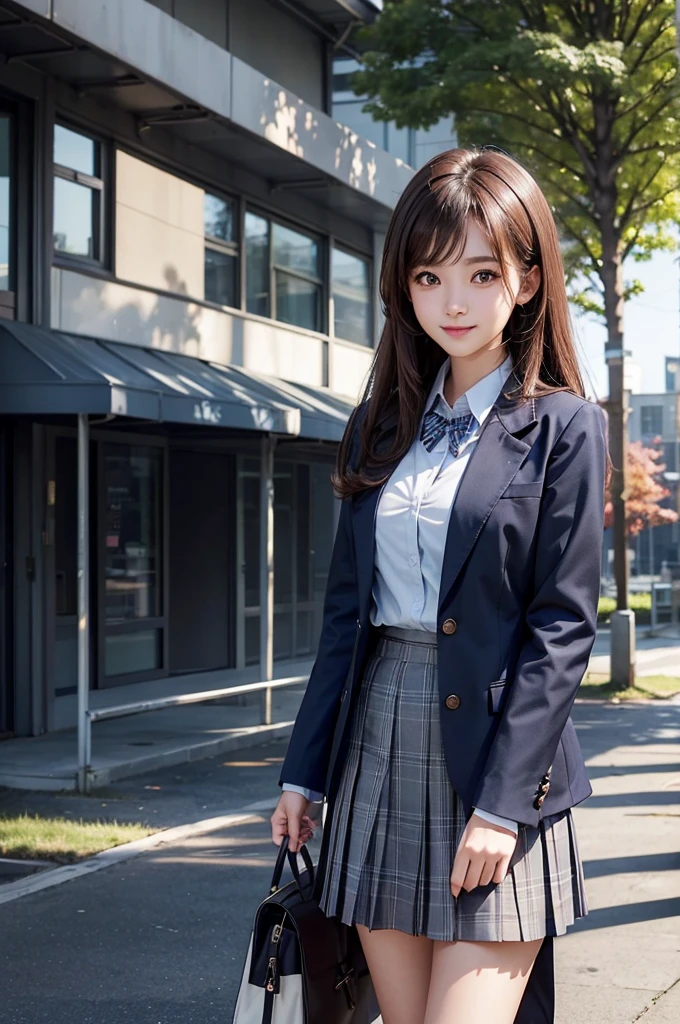 Beautiful girl、Brown Hair、Medium Hair、high school student、、Dark Blue Blazer、White shirt under blazer、huge 、Grey plaid skirt、Shade of trees in the schoolyard、smile