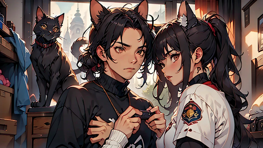 (((Junkotvv a girl con orejas de gato))) and (neocruz a boy con barba y sin orejas de gato), playing video games together in a room full of 80s style anime and posters in neon tones with video game controllers in their hands and enjoying