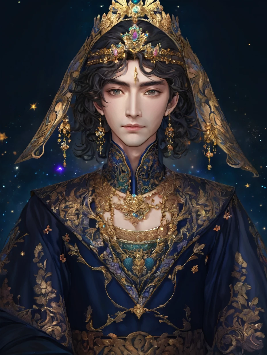 a close up of a man in a ornate dress with crown, trending on cg society, fantasy art, ((a handsome fantasy emperor)), short hair, a beautiful fantasy emperor, anime god, gilded lotus prince, 8k high quality detailed art, portrait fine art, beautiful and elegant king, beautiful celestial mage, flowers, lavish.