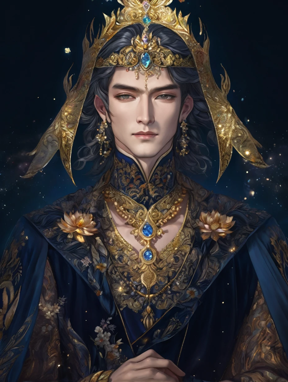 a close up of a man in a ornate dress with crown, trending on cg society, fantasy art, ((a handsome fantasy emperor)), short hair, a beautiful fantasy emperor, anime god, gilded lotus prince, 8k high quality detailed art, portrait fine art, beautiful and elegant king, beautiful celestial mage, flowers, lavish.