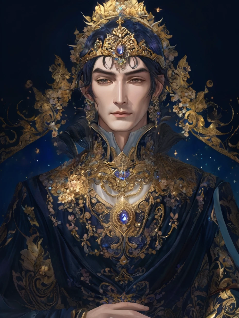 a close up of a man in a ornate dress with crown, trending on cg society, fantasy art, ((a handsome fantasy emperor)), short hair, a beautiful fantasy emperor, anime god, gilded lotus prince, 8k high quality detailed art, portrait fine art, beautiful and elegant king, beautiful celestial mage, flowers, lavish.