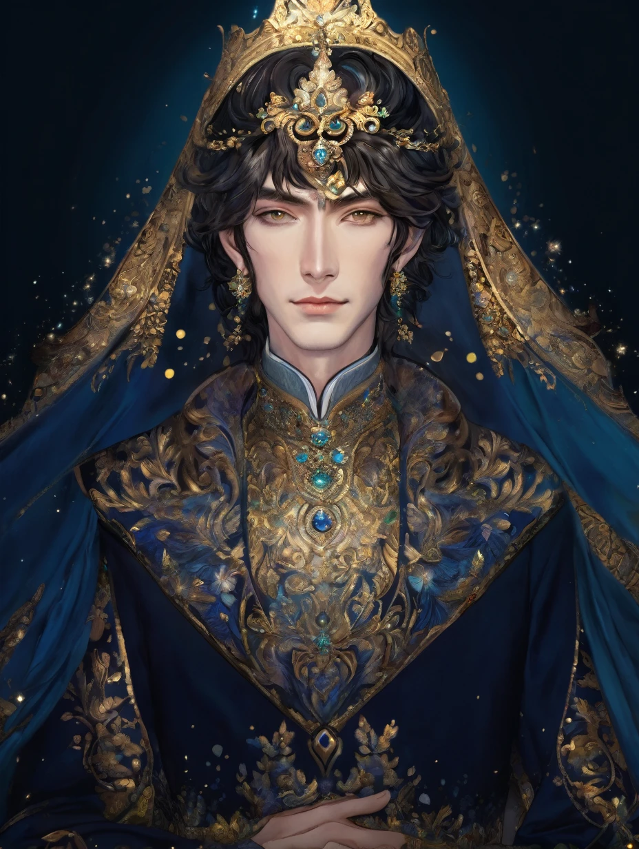 a close up of a man in a ornate dress with crown, trending on cg society, fantasy art, ((a handsome fantasy emperor)), short hair, a beautiful fantasy emperor, anime god, gilded lotus prince, 8k high quality detailed art, portrait fine art, beautiful and elegant king, beautiful celestial mage, flowers, lavish.