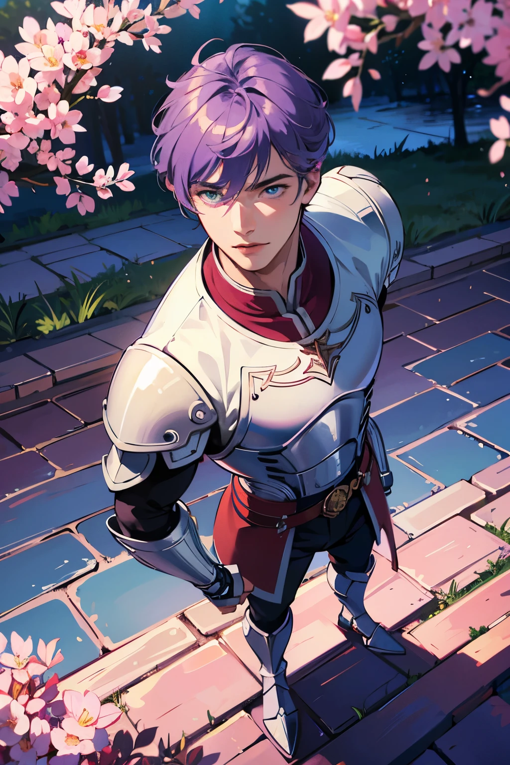 masterpiece, best quality, ultra-detailed, full body, in the middle, look down from above, castle, morning, spring, a handsome man, man, solo, warrior, beautiful purple hair, beautiful light blue eyes, beautiful eyes, short hair, light smile,entire body,standing,Pink knight's armor,powerful,muscularity