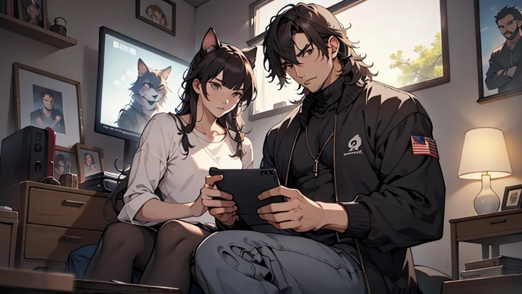 (Junkotvv a girl con orejas de gato) and (neocruz a boy con barba y sin orejas de gato), playing video games together in a room full of 80s style anime and posters in neon tones with video game controllers in their hands and enjoying