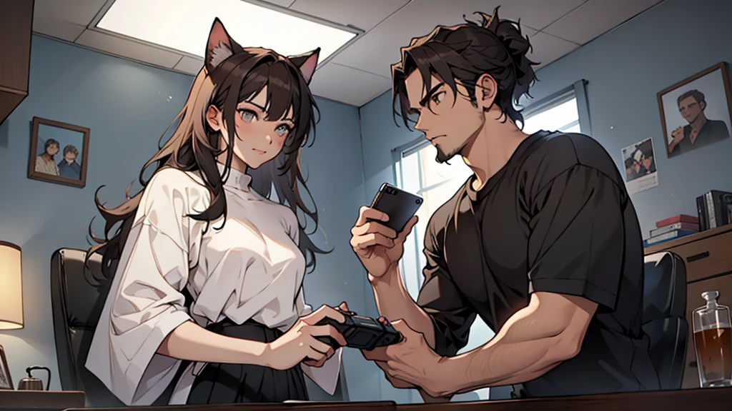 (Junkotvv a girl con orejas de gato) and (neocruz a boy con barba y sin orejas de gato), playing video games together in a room full of 80s style anime and posters in neon tones with video game controllers in their hands and enjoying