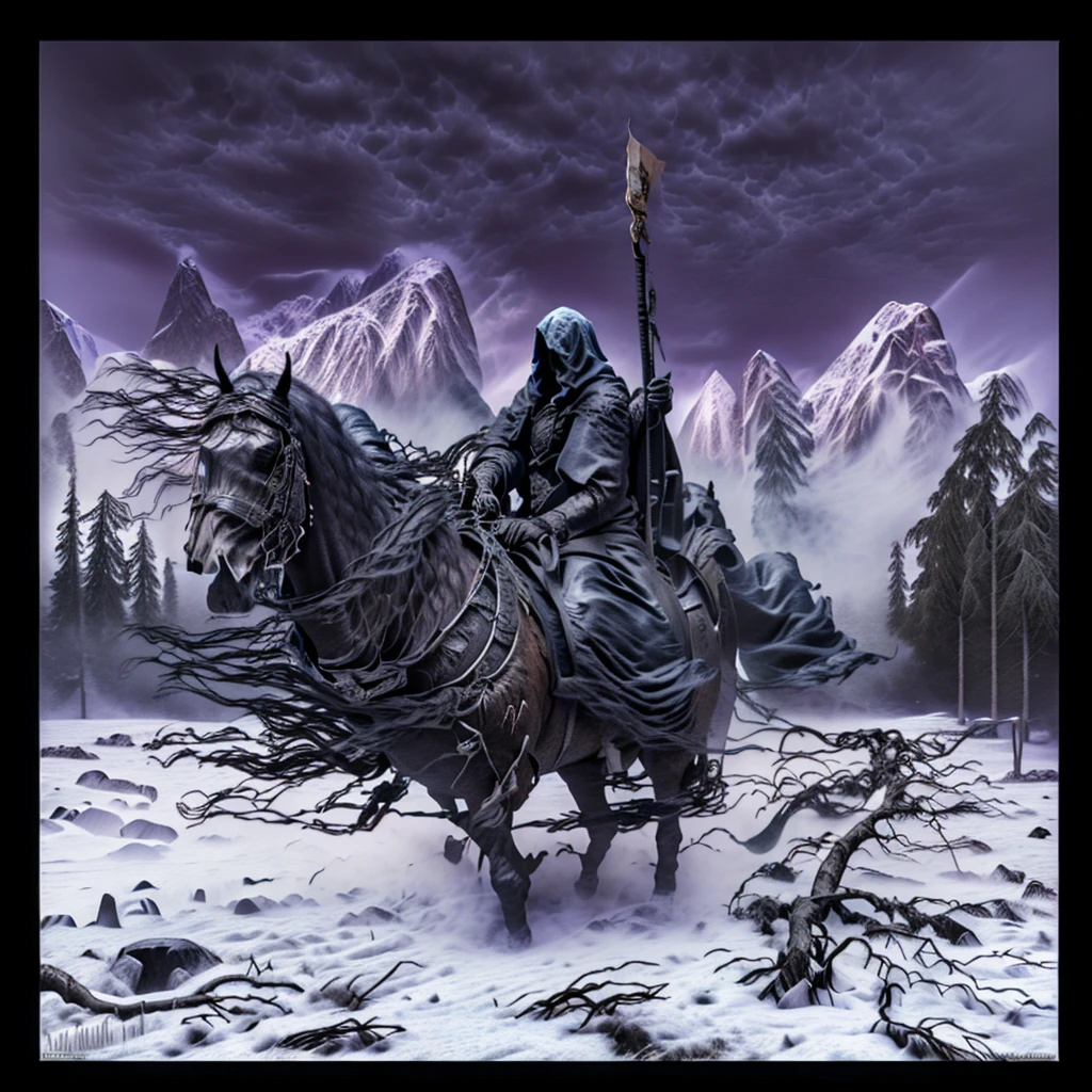 The figure of Death riding a black horse, dressed in a dark robe and a hood that hides his face, creating a sinister and mysterious appearance. With her right hand she holds an hourglass on the horse's back, symbolizing the passage of time. In her left hand she raises a large scythe, adding an air of imminence and doom. The setting is a winter landscape, with snow-capped mountains and dark trees rising against a sky covered in turbulent, purple clouds. The ground is covered in snow and ice, with fallen branches and a frozen river in the foreground. The atmosphere is cold and desolate, reinforcing the feeling of darkness and loneliness that emanates from the central character, ultra realistic, intricate details, masterpiece, 8k, photoshop, unreal engine 5, Horseman of the Apocalypse,pencil sketch,Landskaper