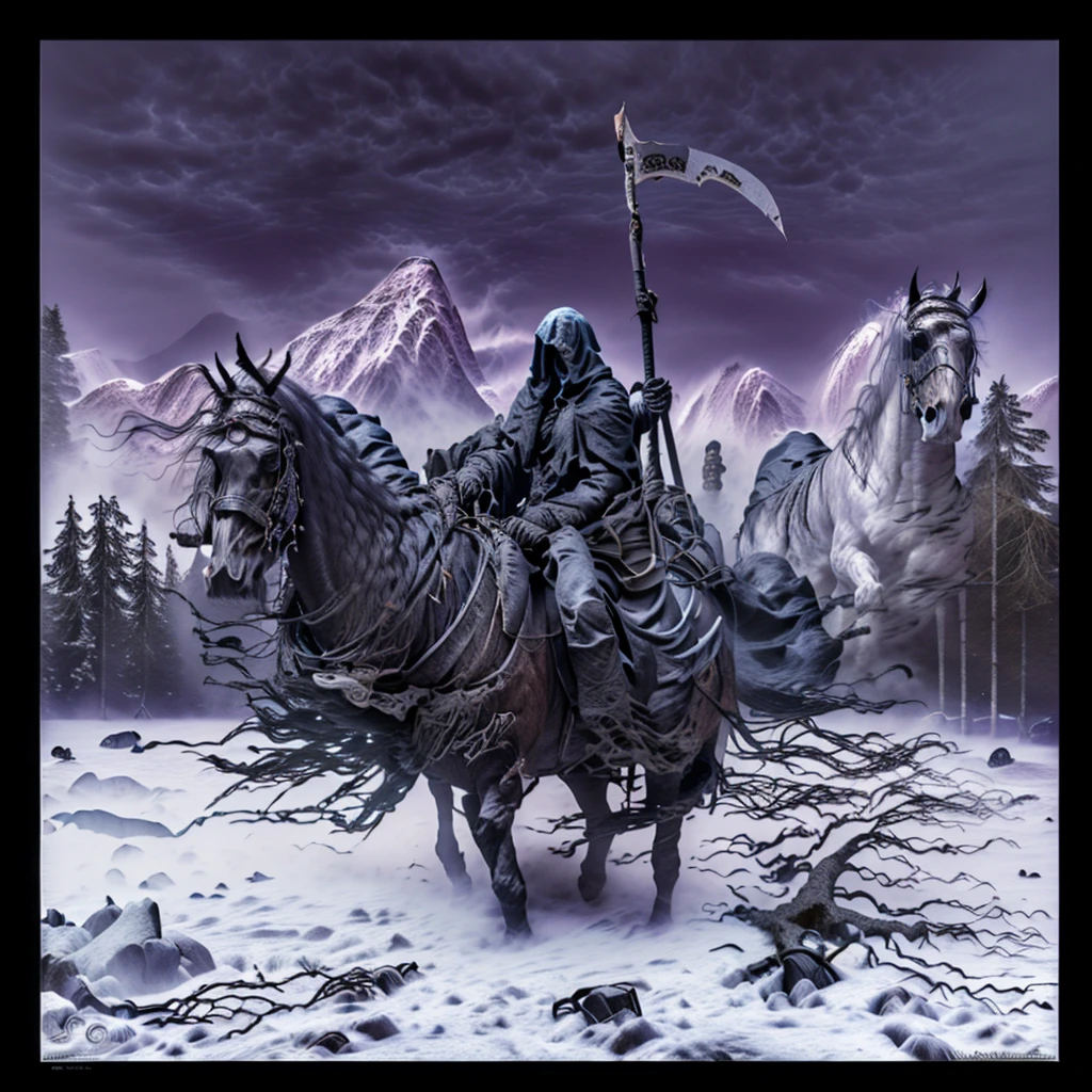 The figure of Death riding a black horse, dressed in a dark robe and a hood that hides his face, creating a sinister and mysterious appearance. With her right hand she holds an hourglass on the horse's back, symbolizing the passage of time. In her left hand she raises a large scythe, adding an air of imminence and doom. The setting is a winter landscape, with snow-capped mountains and dark trees rising against a sky covered in turbulent, purple clouds. The ground is covered in snow and ice, with fallen branches and a frozen river in the foreground. The atmosphere is cold and desolate, reinforcing the feeling of darkness and loneliness that emanates from the central character, ultra realistic, intricate details, masterpiece, 8k, photoshop, unreal engine 5, Horseman of the Apocalypse,pencil sketch,Landskaper