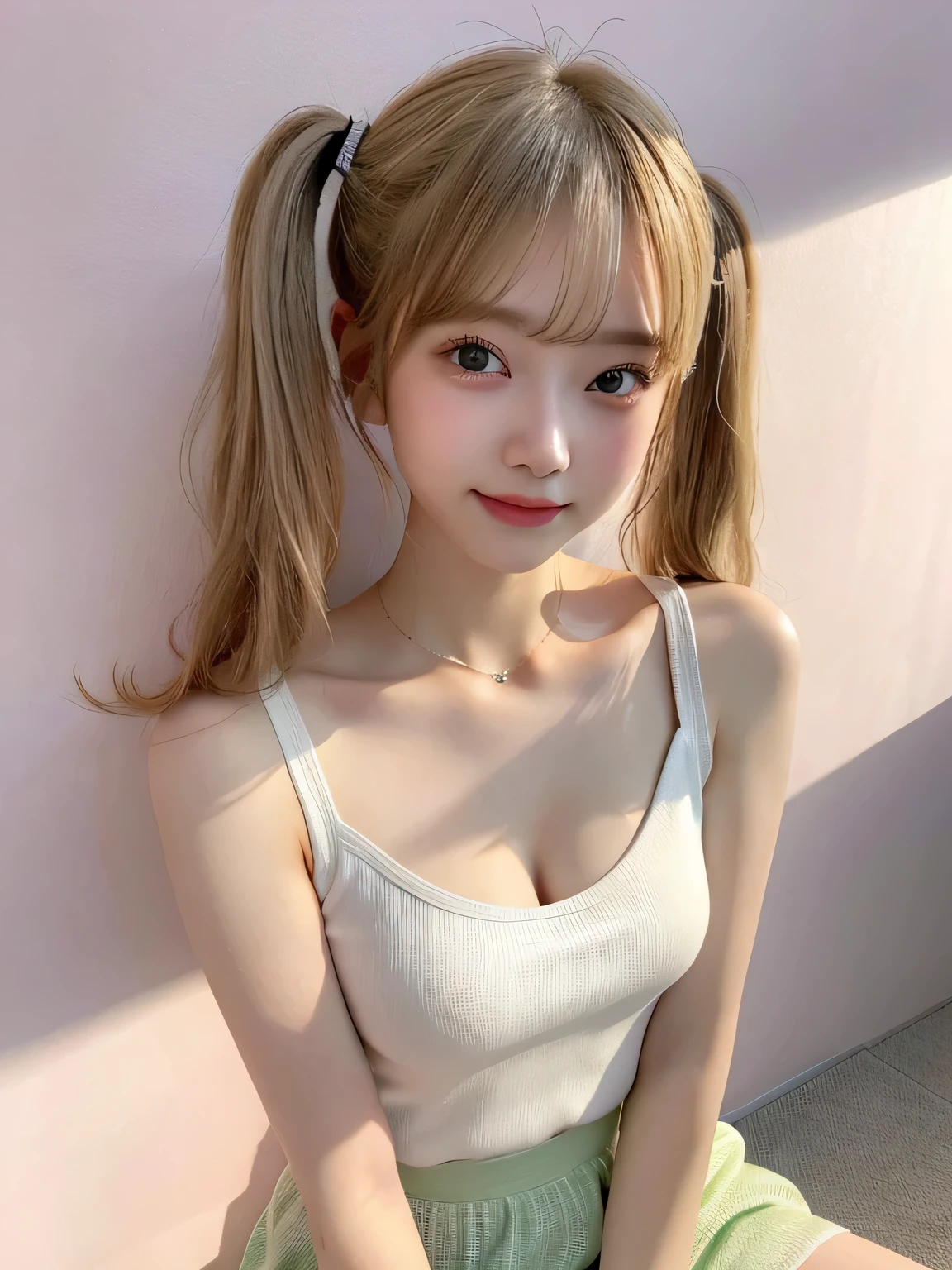 One person、、Full body photo,slender、woman、White drool coming out of the mouth、smile、、Blonde、Short Twin Tails、 Fair skin, messy hair, super cute、Soft and Face、8K resolution、Surreal、Ultra high definition、 A-cup small breasts((Highest resolution、8K、masterpiece:1.3))、Ultra-fine face、Ultra Fine Lips、Beautiful Eyes、double eyelid,Pink wall、Sleeveless green polo shirt、Cleavage、White Skirt、Thighs、thin,Thighsが見える、Shapely small breasts、sexy、So cute!