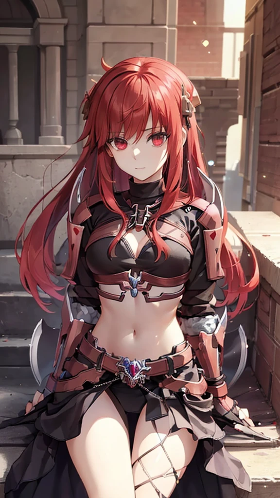 score_9, score_8_up, score_7_up, score_6_up, score_5_up, score_4_up, source_アニメ, tomboy girl, long hair, Bust Cup B , open-chest outfit, Abdominal revealing outfit, narrow waist, fit, Beautiful belly, Guillotine Cross Set, breastplate, waist armor, Armor, red hair, metal hair accessories, red eyes, Sparkling eyes, sit, His right hand holds a vial of Potions. , Drink Potions Glass Bottle Skull Shaped Clear Glass Crystal Potions Clear Red, light particles, Magical light