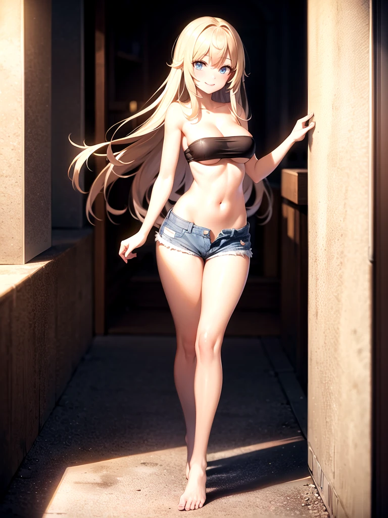 girl,(masterpiece,Highest quality),Street,(Completely naked),Bare shoulders、Gal、Blonde、smile、passionate、long hair、(Underboob),Big Breasts,Cleavage,Mini tube top、looking at the camera、shoes、Micro Mini Denim Shorts(Open button),solo、Are standing、barefoot,