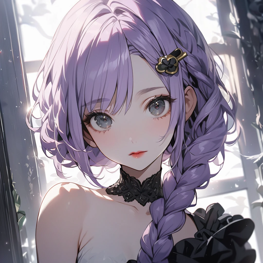 (Cute a girl:1.5), (a girl with closs hair pin,pale purple hair,braided and up.,bluntbangs hair,green and black eyes,look at viewer :1.4),
(masterpiece:1.3), anime visual, (Lovey-dovey:1.5), (tilt head:1.3), extremely delicate face, soft clean focus, realistic lighting and shading, (an extremely delicate and beautiful art:1.3), elegant, (muted colors:1.1), small breast,slim,One-shoulder jet black wedding dress, crimson lips, upturned eyes, portrait, wide open eyes, silver light effect in the background,