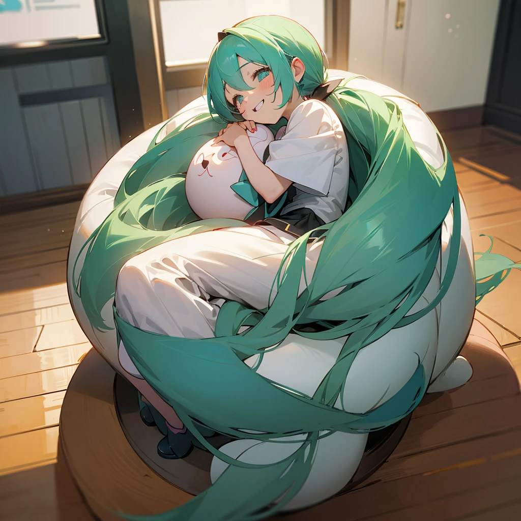 masterpiece, Hatsune Miku, Female Giant, Enveloped by the little guy, indoors, Dazzling, giggle, Daunting, leading, , Looking down at the little guy, About to sit on the little one, The kid's perspective