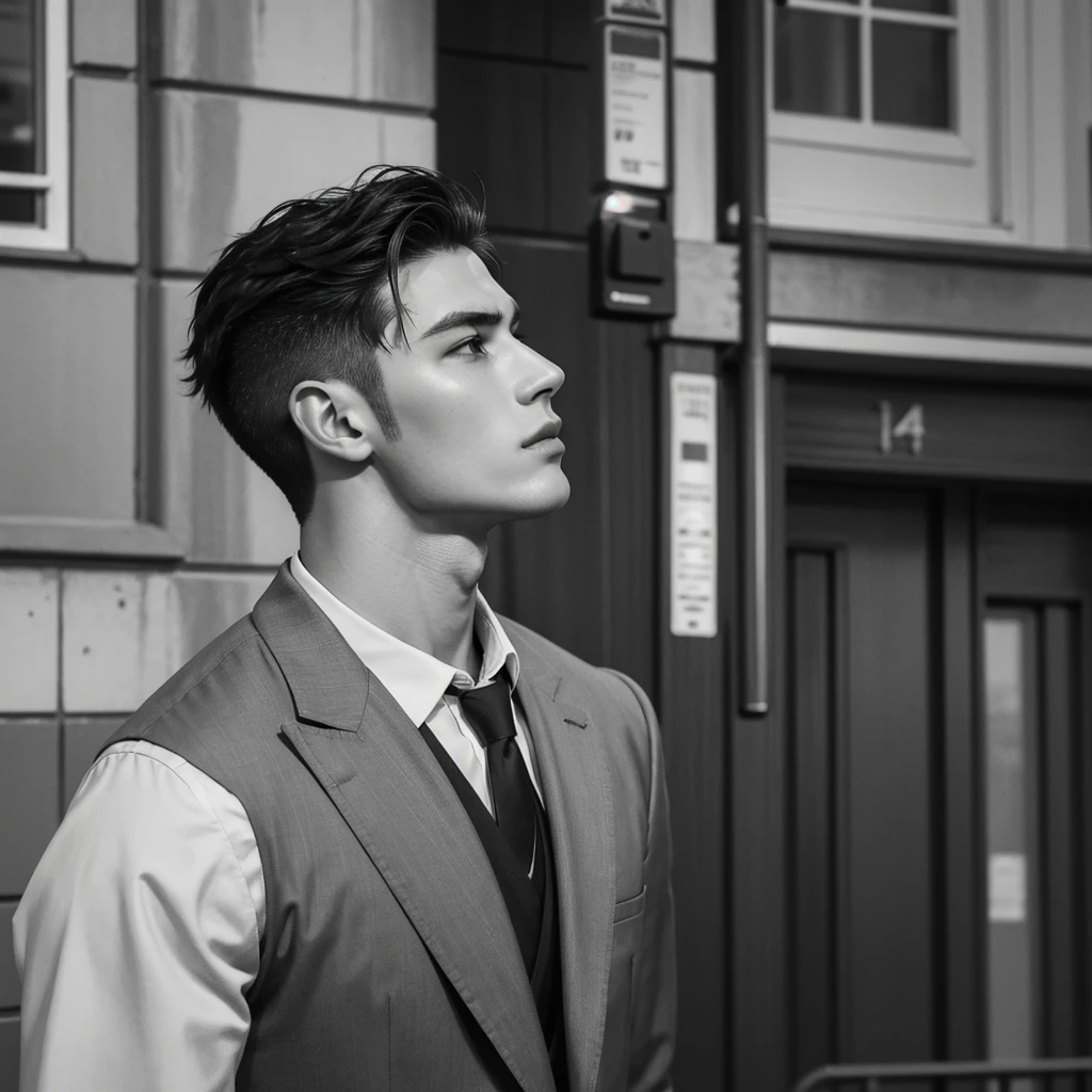 a very handsome man standing on the side of a street next to a building, slightly defined jawline, masculine jawline, masculine jawline!, prominent jawline, well defined jawline, sharp jawline, thick jawline, strong jawline, defined jawline, chiseled jawline, side profile portrait, handsome chad chin