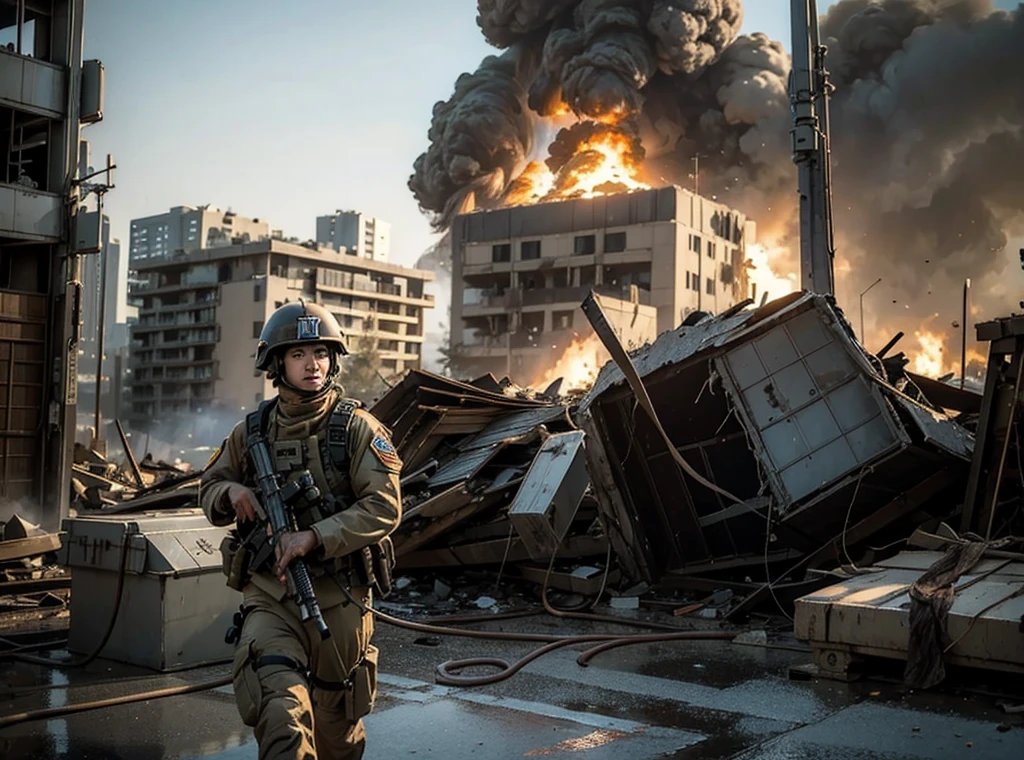 (best quality,highres,masterpiece:1.2),ultra-detailed,realistic,professional,painting,soldier in action,Israeli soldier,treading on Palestinian flag,war scene,battlefield,explosions,dust and smoke,sweating soldier,fierce expression,heavy military gear,intense atmosphere,tense confrontation,floating debris,broken buildings,damaged vehicles,gunfire and muzzle flashes,barbed wire barricades,tank tracks on the ground,rubble and destruction,cries of pain and anguish,emotions running high,fear and determination,desolation and chaos,campaign and strategy,dangerous mission,sense of duty and patriotism,dark and somber tones,harsh lighting,gritty realism,dramatic composition,imposing perspective,wartorn landscape.