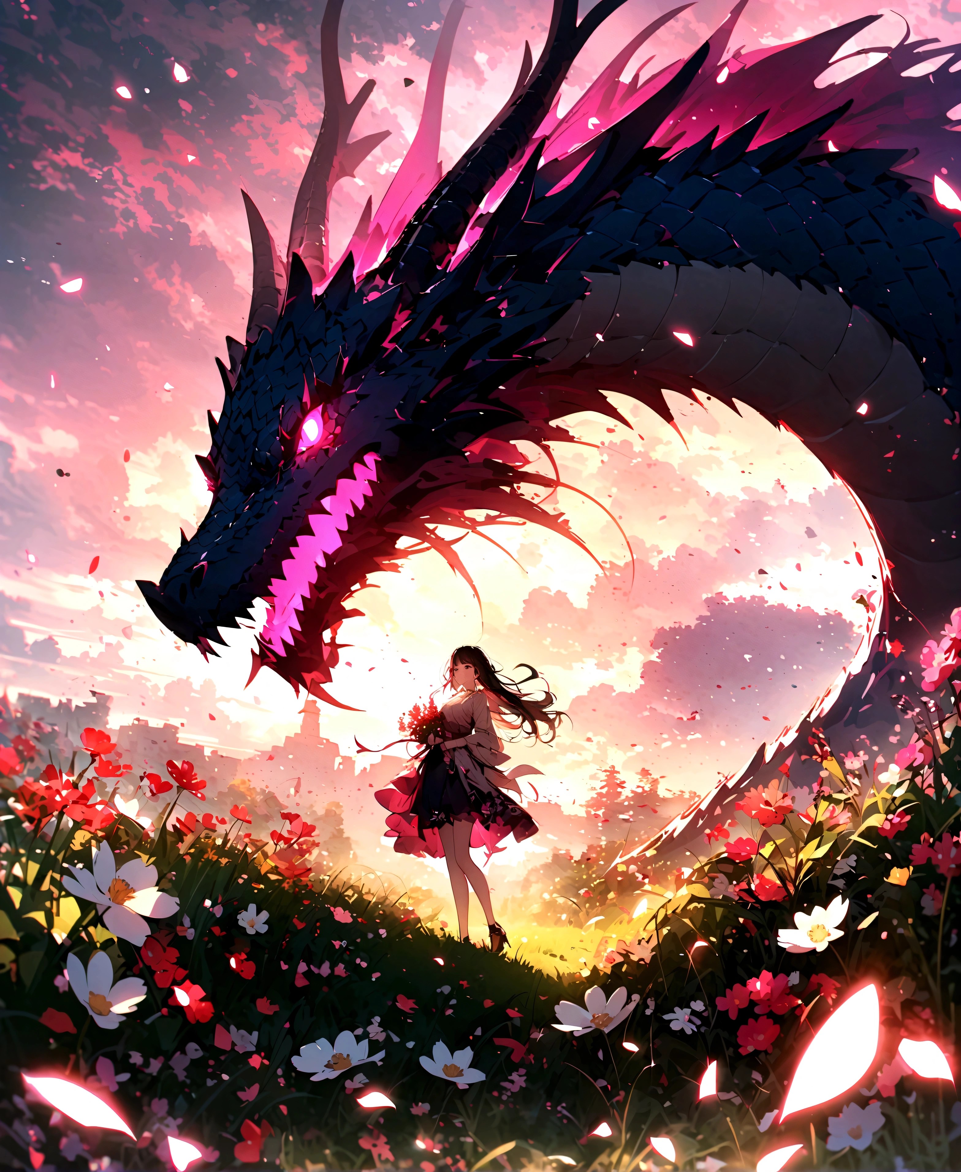 Dragon Cherry Blossom、Dragon with flowers and grasainly fruits and flowers、Pink Green Dragon、