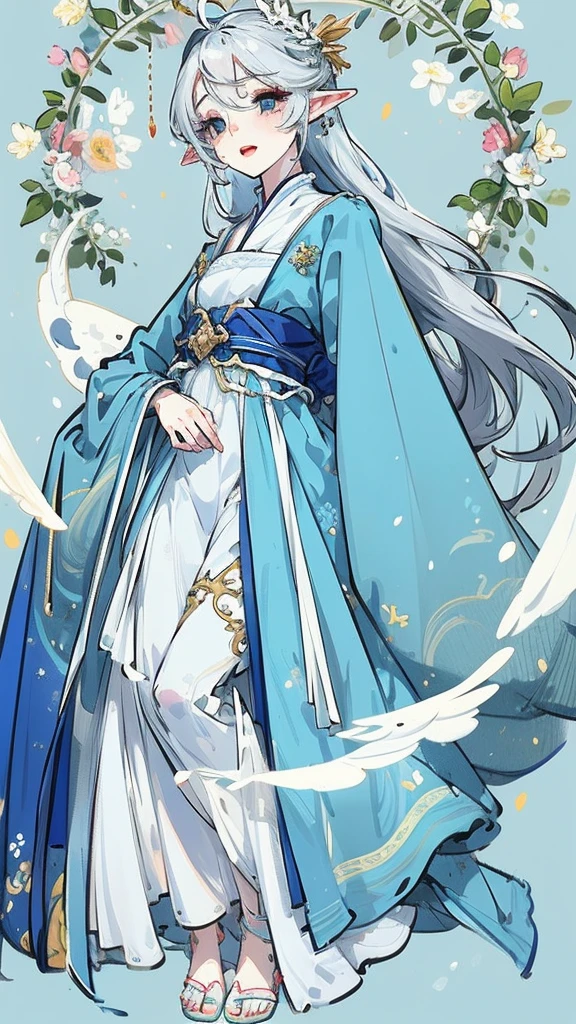 ((Highest quality)), ((masterpiece)), (detailed), One girl, The background is nature、The weather was sunny.、Silver hair straight long hair、Half Up、Parallel thin eyebrows、Double droopy eyes、Thin lips、Small nose、Blue Eyes、Long eyelashes、Delicate appearance、Illustration seen from the front、A big smile with an open mouth、White dress、Fantastic illustrations、Highlights are 7 colors、The light is on my face、Illustration of eyes matching the viewer、Elf、For delivery、Character portrait、whole body、Illustration of toes、