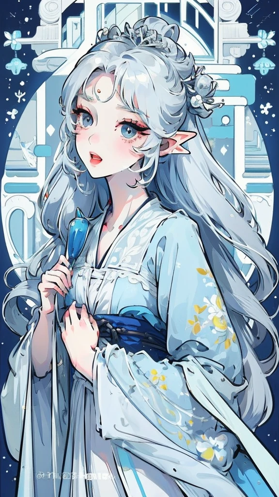 ((Highest quality)), ((masterpiece)), (detailed), One girl, The background is nature、The weather was sunny.、Silver hair straight long hair、Half Up、Parallel thin eyebrows、Double droopy eyes、Thin lips、Small nose、Blue Eyes、Long eyelashes、Delicate appearance、Illustration seen from the front、A big smile with an open mouth、White dress、Fantastic illustrations、Highlights are 7 colors、The light is on my face、Illustration of eyes matching the viewer、Elf、For delivery、Character portrait、whole body、Illustration of toes、