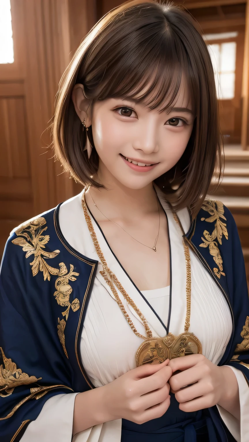 closeup shot , Best picture quality (8K, high resolution, Masterpiece: 1.2), super detailed, 215 Short Hair, 16-year-old woman,
Situation: Scene in an ancient temple where arrows are shot as part of a ritual.
Clothing: Ancient robes or ceremonial garb, sandals, and decorative arrowheads.
Angles:.
Close-up: Detail of a hand drawing a ceremonial bow and a sacred expression on the face as if in prayer.
Detail: The sacred atmosphere is emphasized against the backdrop of the temple's carvings, altar, and candelabra light.
Emotional moments: Capture the stillness of the moment an arrow is fired, or the expression on a face as it celebrates the success of a ritual.
, random cute pose ,big eyes ,Puffy eyes , Heart Pupil, blush , huge shy smile , salute