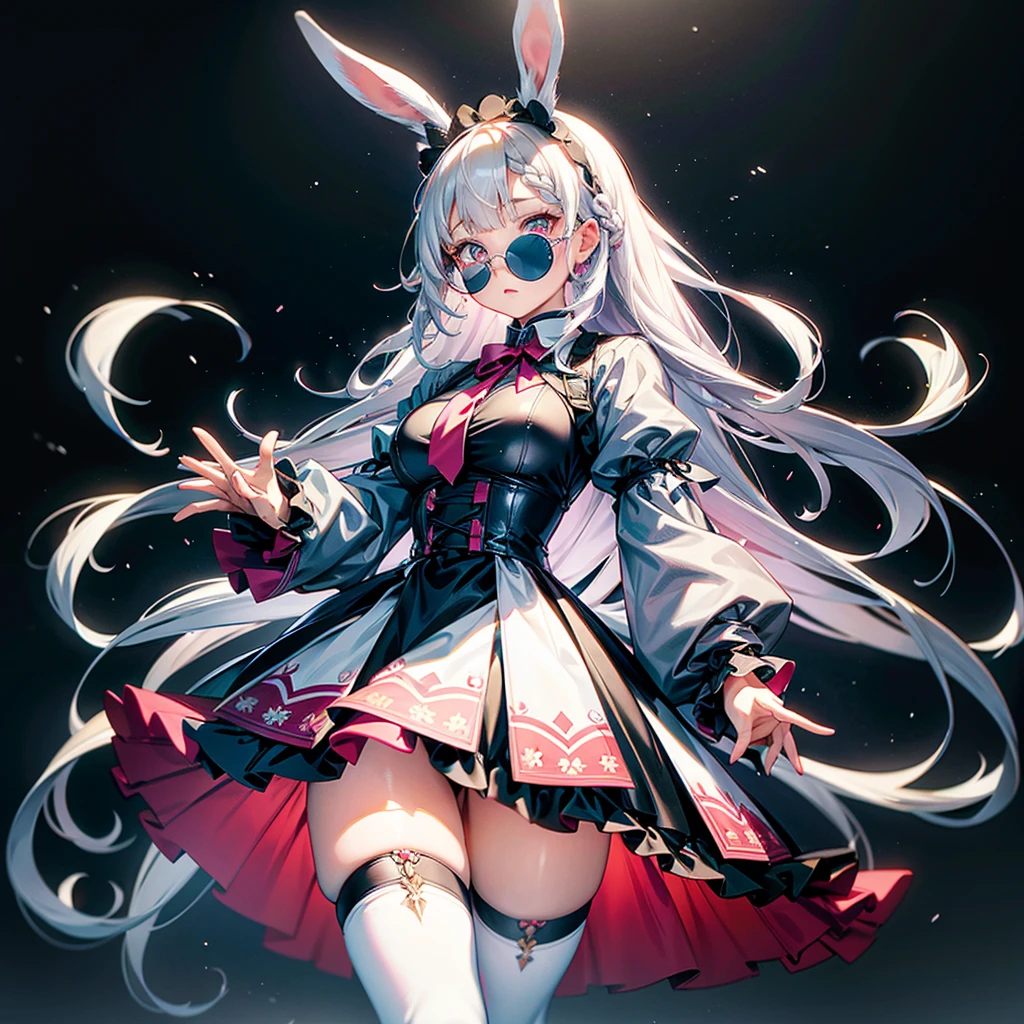 Focus on the face、Handsome face、Dynamic configuration、((Perspective Lens, Woman with long milky white hair, Dynamic pose with a calm expression, Holding something large with both hands, Stuffed rabbit )) ((Pure Black Background:1.2)),Anime Style、detailedな目、Early 20s,Shooting on the move,Her long braided hair sways. Her outfit is reminiscent of Gothic Lolita,Black and pink color palette,Playful.,Neon color line fractal art、Super huge、whole body、detailed、Cowboy Shot、Alice in Wonderland、Trump、