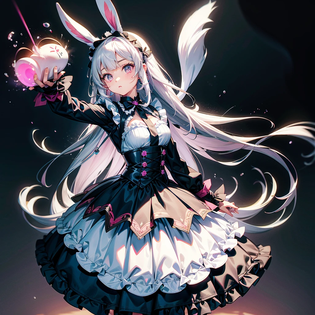 Focus on the face、Handsome face、Dynamic configuration、((Perspective Lens, Woman with long milky white hair, Dynamic pose with a calm expression, Holding something large with both hands, Stuffed rabbit )) ((Pure Black Background:1.2)),Anime Style、detailedな目、Early 20s,Shooting on the move,Her long braided hair sways. Her outfit is reminiscent of Gothic ta,Black and pink color palette,Playful.,Neon color line fractal art、Super huge、whole body、detailed、Cowboy Shot、Alice in Wonderland、Trump、