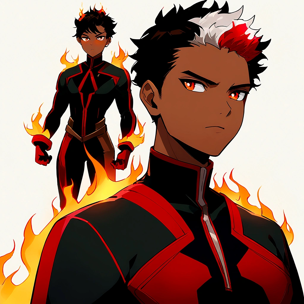 Black teenager using fire powers in black superhero costume with red lines