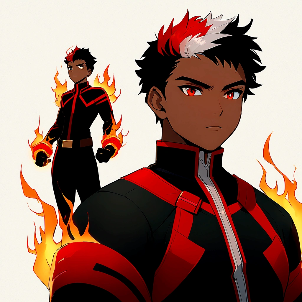 Black teenager using fire powers in black superhero costume with red lines
