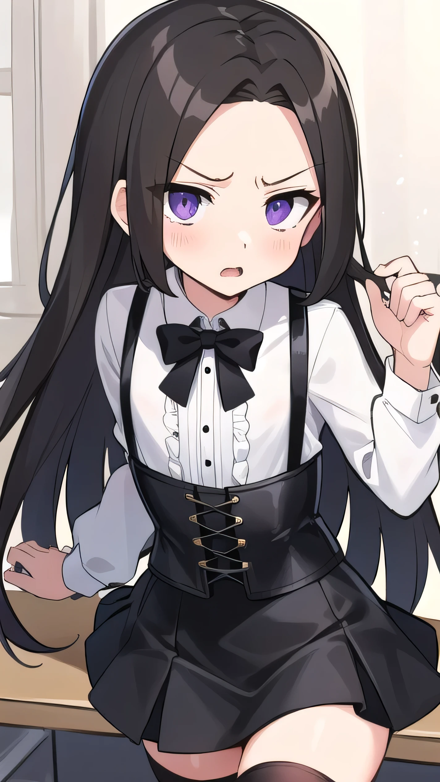 Brown hair, long hair, purple eyes,middle part，  wide forehead, white shirt, long sleeves, (black corset:1.2), black miniskirt, black knee socks, , flat chest , short, narrow eyes, hanging eyes, forehead, straight hair, suspender, anger