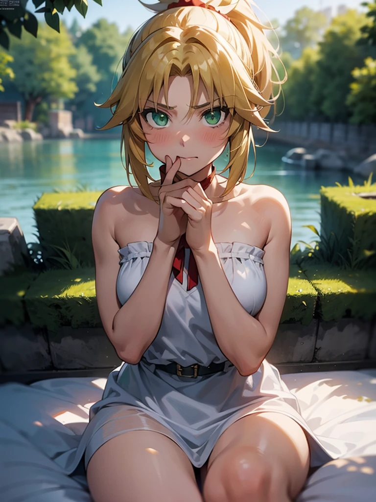 score_9, score_8_up, score_7_up, score_6_up, uncensored, angelica, blonde hair, braid, red eyes, BREAK (masterpiece:1.2), best quality, high resolution, (beautiful detailed eyes:1.3), perfect lighting, (perfect hands, perfect anatomy), large breasts, seductive smile, wet, breasts, epic art, fantasy, 1girl, barefoot, feet, skirt, breasts, outdoors, looking_at_viewer, tree, bare_legs, sitting, solo, black_skirt, legs, bare_shoulders, toes, jewelry, thighs, shirt, earrings, off_shoulder, sidelocks, bush, long_sleeves, leg_hug, pleated_skirt, glow effects, godrays, Hand drawn, Vivid colors, extremely detailed CG unity 8k wallpaper, trending on CGSociety, Intricate, High Detail, dramatic,