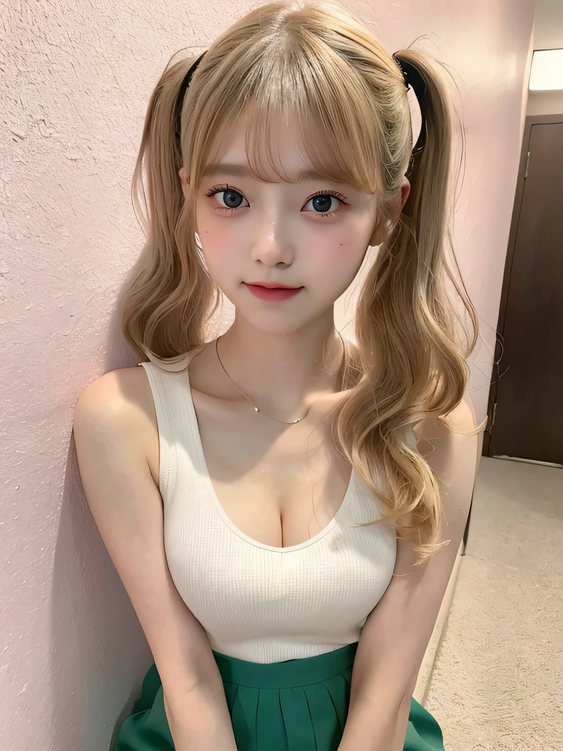 One person、、Full body photo,slender、woman、White drool coming out of the mouth、smile、、Blonde、Short Twin Tails、 Fair skin, messy hair, super cute、Soft and Face、8K resolution、Surreal、Ultra high definition、 A-cup small breasts((Highest resolution、8K、masterpiece:1.3))、Ultra-fine face、Ultra Fine Lips、Beautiful Eyes、double eyelid,Pink wall、Sleeveless green polo shirt、Cleavage、White Skirt、Thighs、thin,Thighsが見える、Shapely small breasts、sexy、So cute!