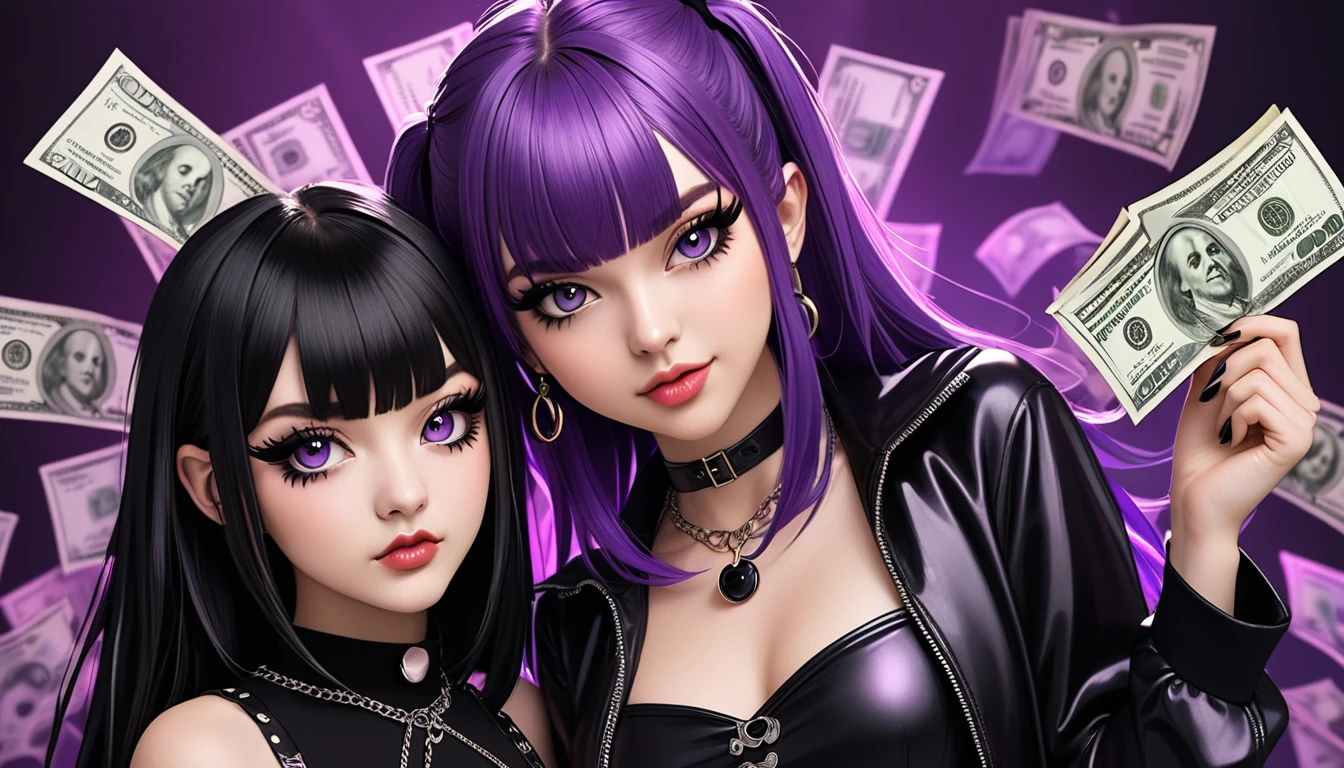 a beautiful young woman with long purple hair, striking black eyeshadow, and a confident, alluring expression, wearing a stylish purple and black outfit, posing with another girl who has short black hair, a cute and playful "UwU" expression, and an edgy e-girl aesthetic, in the background the mythical shadow money wizard gang looms
