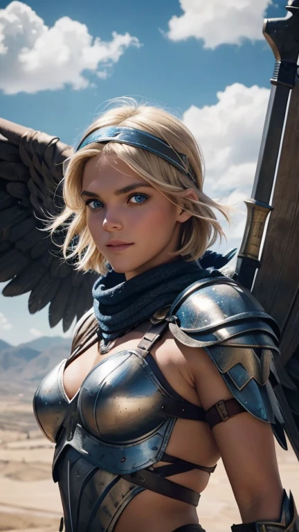 belligerent girl, Valkyrie, bold and beautiful, short blond hair, Blue eyes, smile, Predator's Gaze, Developing hair, A look over the shoulder, headband with metal wings, Sparkling steel, Bow and arrows, Weapon, heat of battle, battle, clouds, realistic photo, high quality, masterpiece, detailed study.